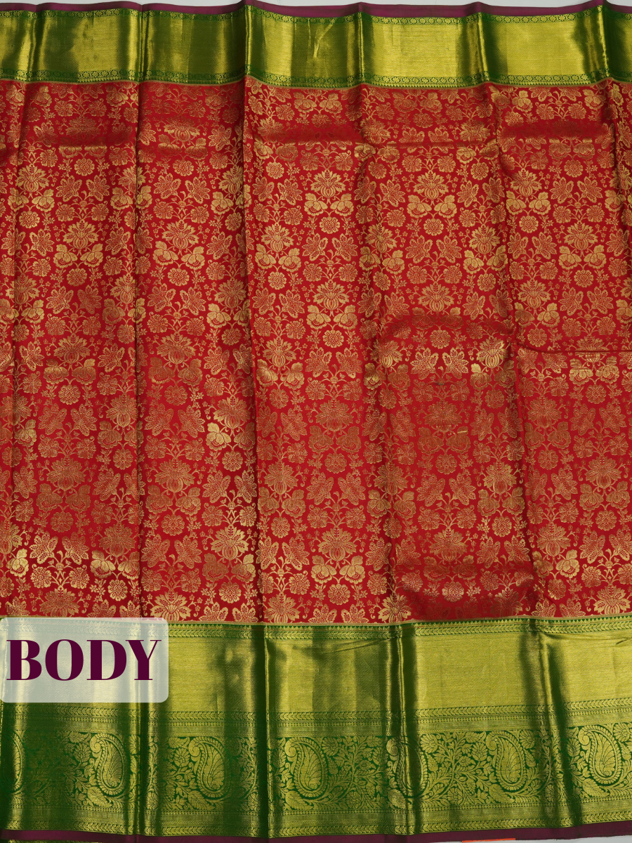 Red Kanchipuram Saree with Rich Floral Vine Zari Border