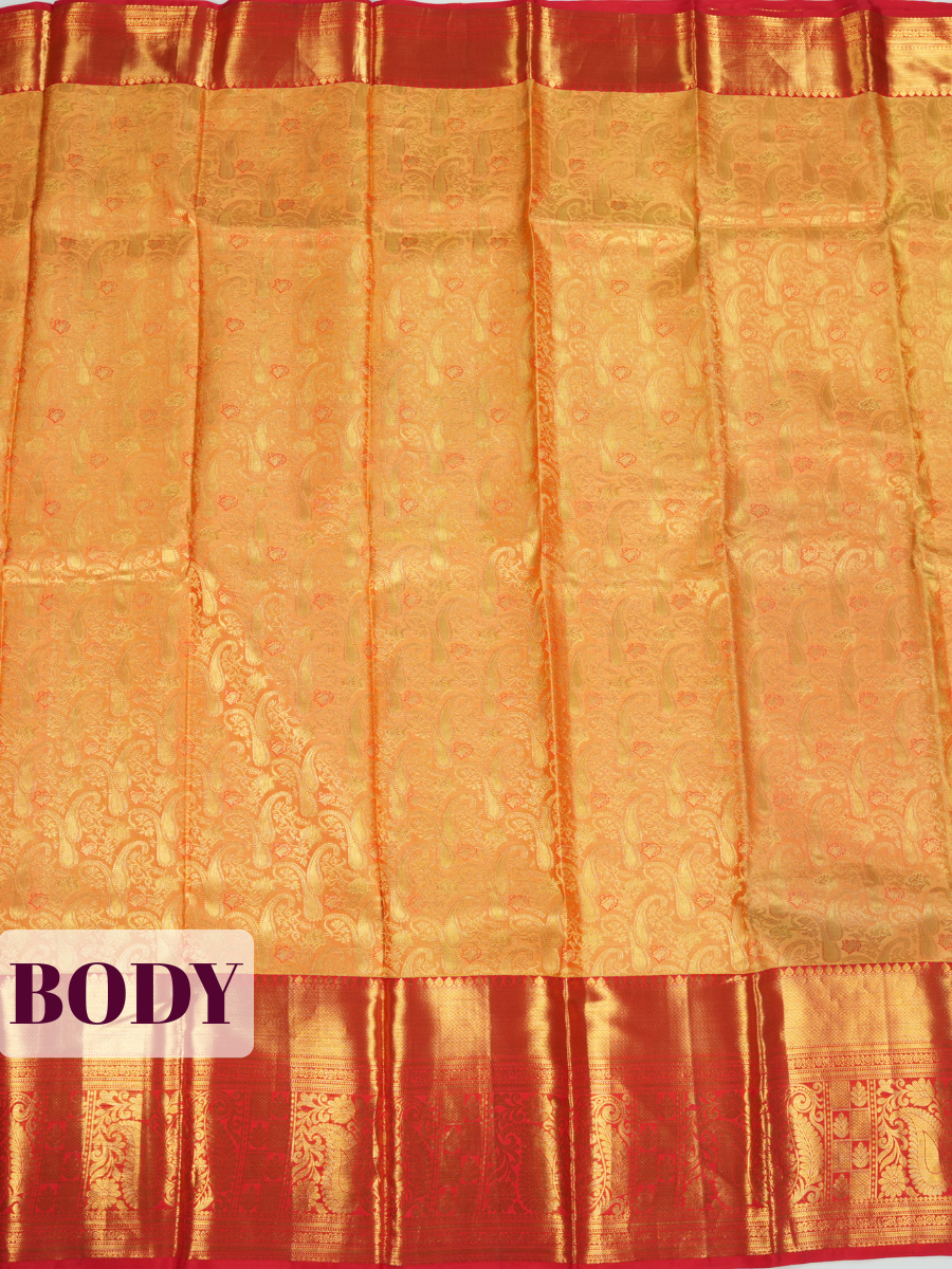Yellow Kanchipuram Saree with Paisley and Floral Vine Zari Border