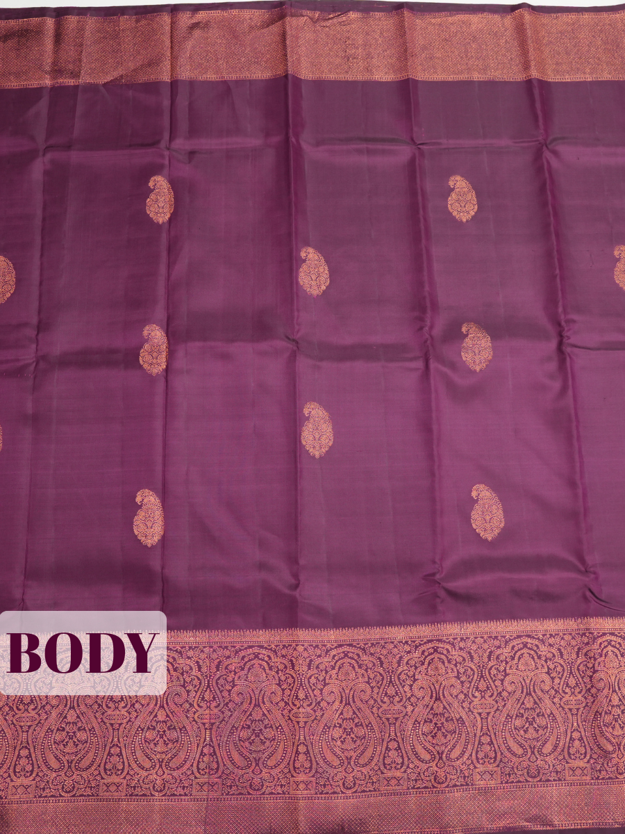 Magenta Purple Pure Kanjivaram Silk Saree with A copper-zari paisley brocade border