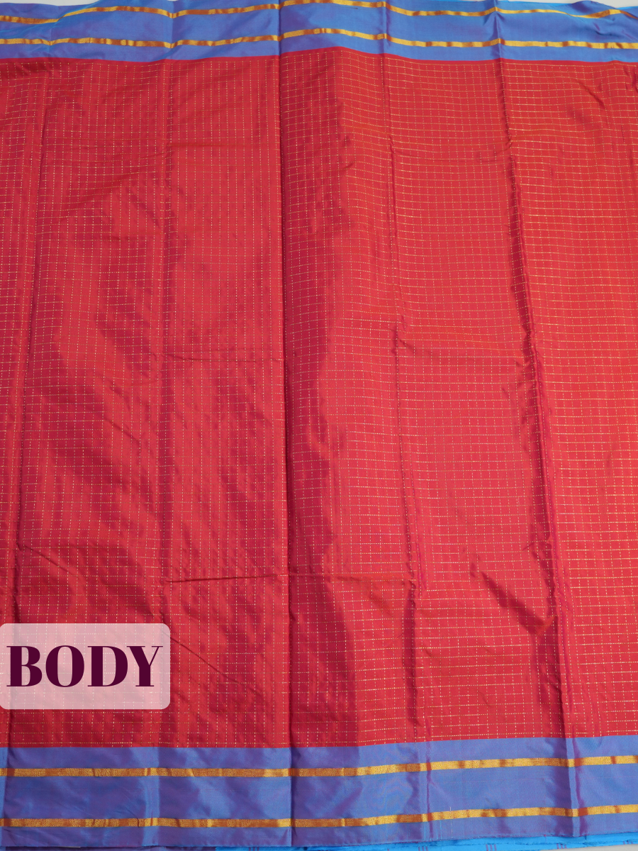 Red Semi Silk Saree with Simple Contrast Woven Gold Zari Border