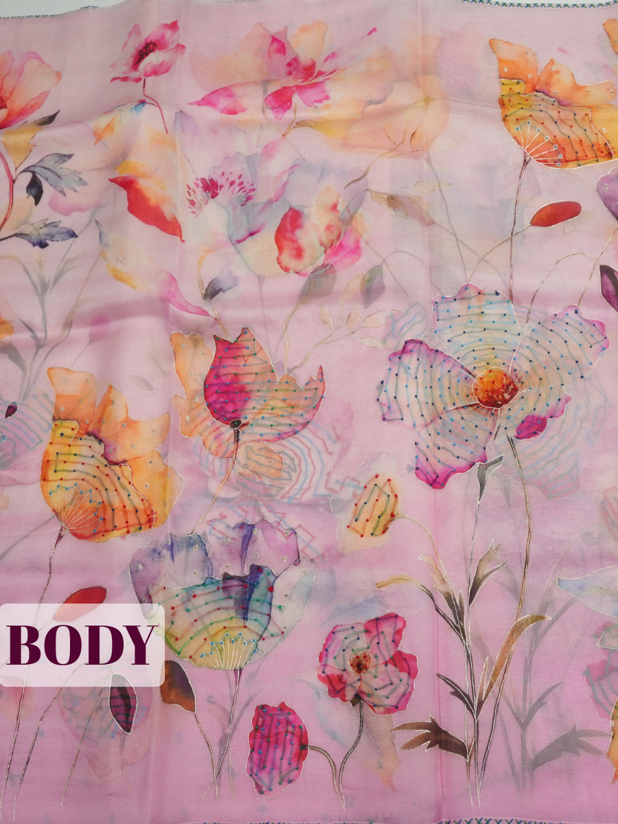 Baby Pink Organza Saree with Floral Print and Picot Trim