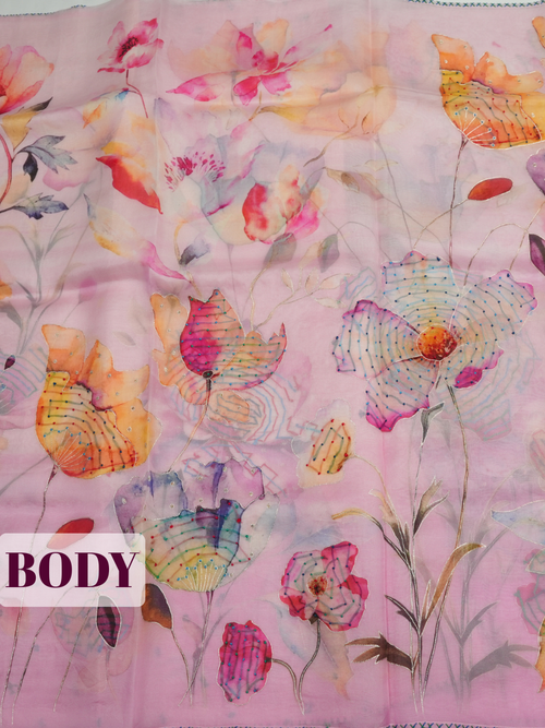 Baby Pink Organza Saree with Floral Print and Picot Trim