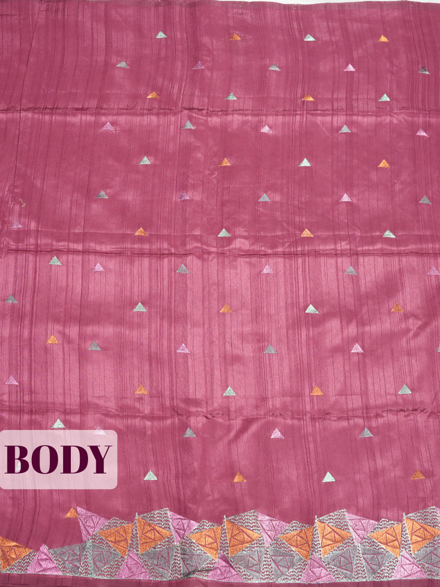 Wine Semi Tussar Saree with Multi tonal mosaic triangle
