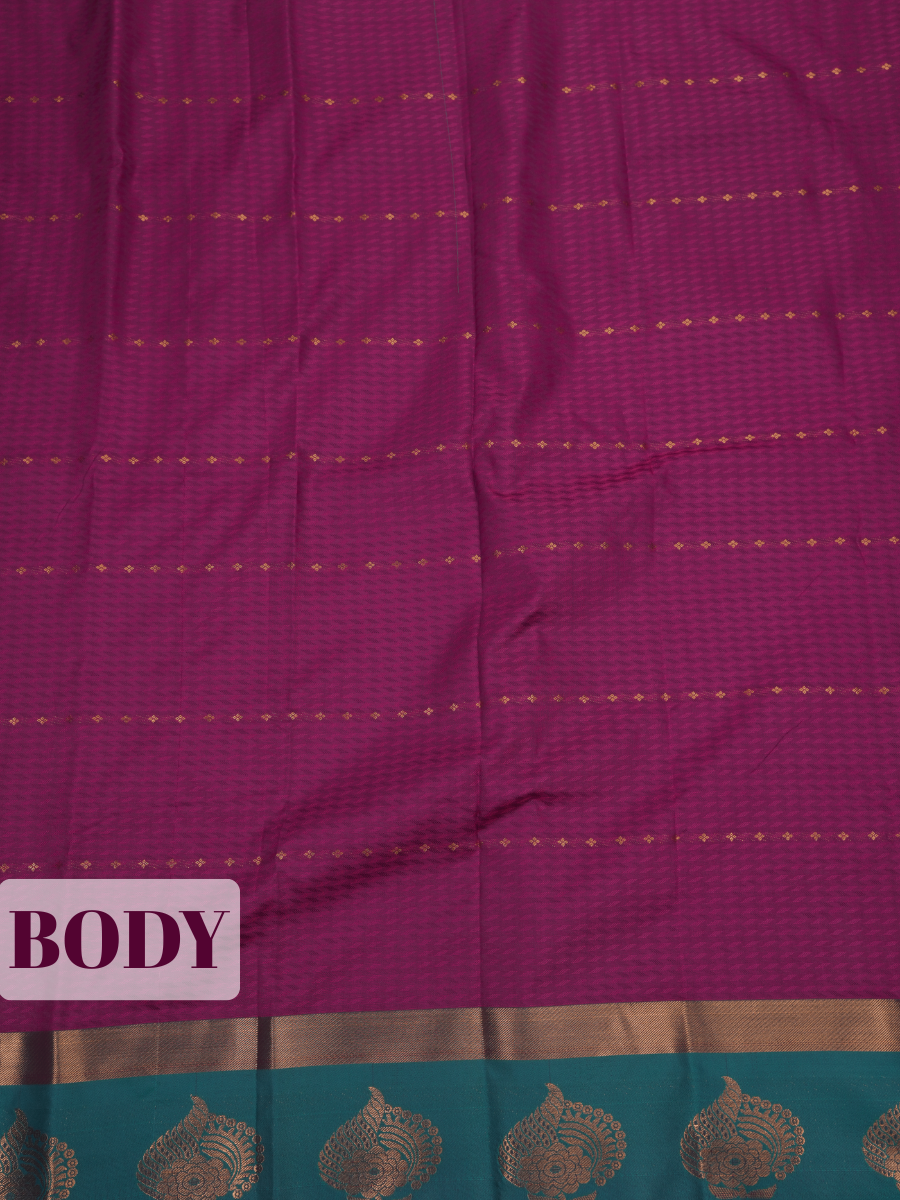 Deep Magenta Bangalore Silk Saree with Teal Grey Pallu and Ornate Zari Motifs