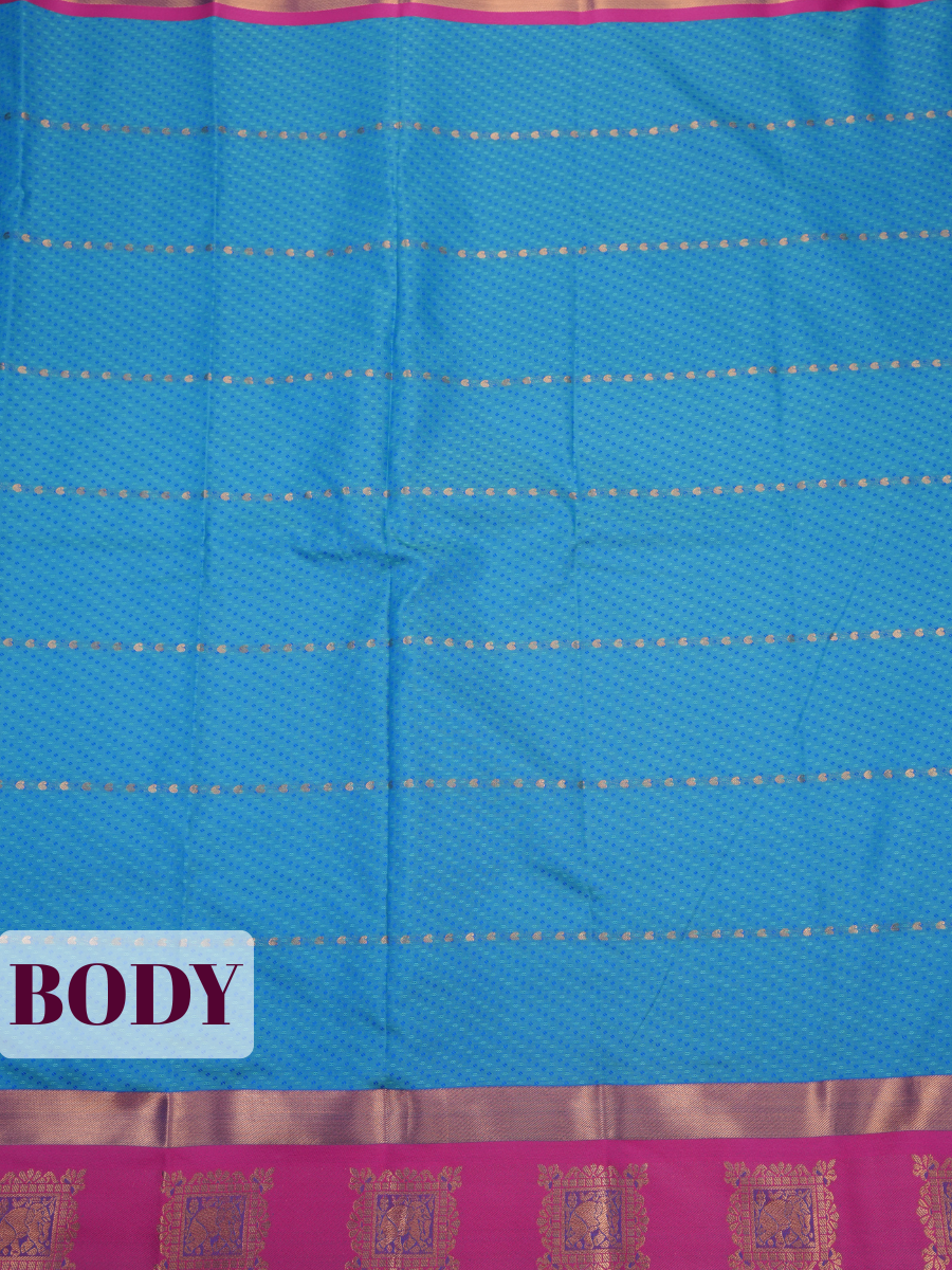 Turquoise Blue Bangalore Silk Saree with Wine Pallu and Antique Zari Temple Border