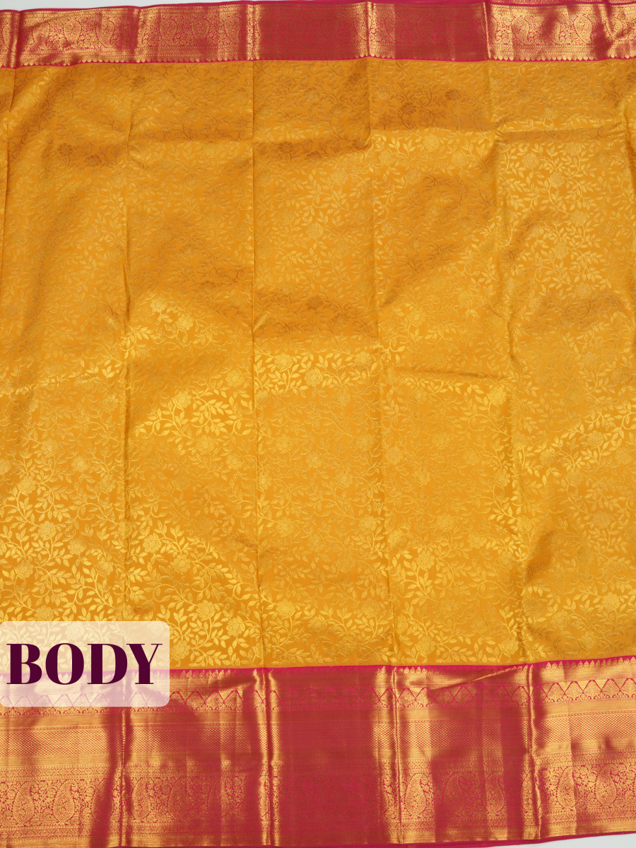 Yellow Kanchipuram Saree with Paisley and Temple Zari Border