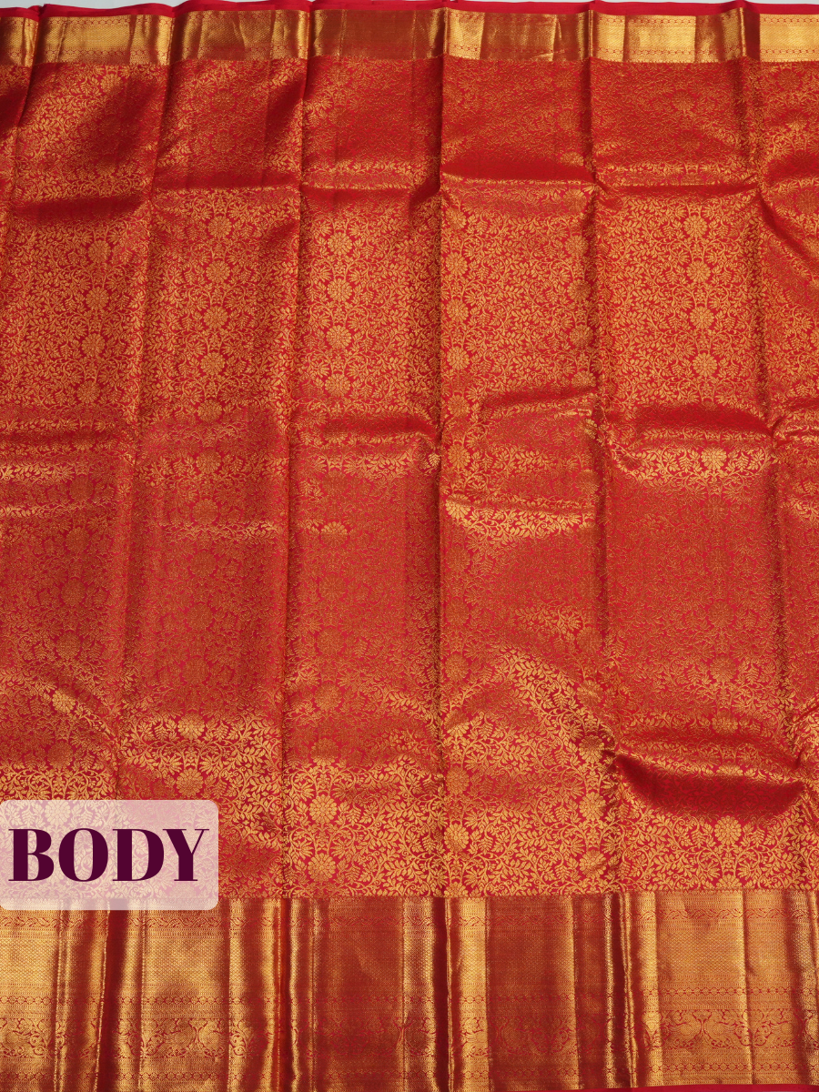 Red Kanchipuram Saree with Paisley and Floral Vine Zari Border
