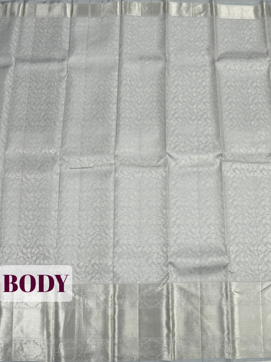 Silver Kanchipuram Saree with Floral Vine and Ornamental Zari Border