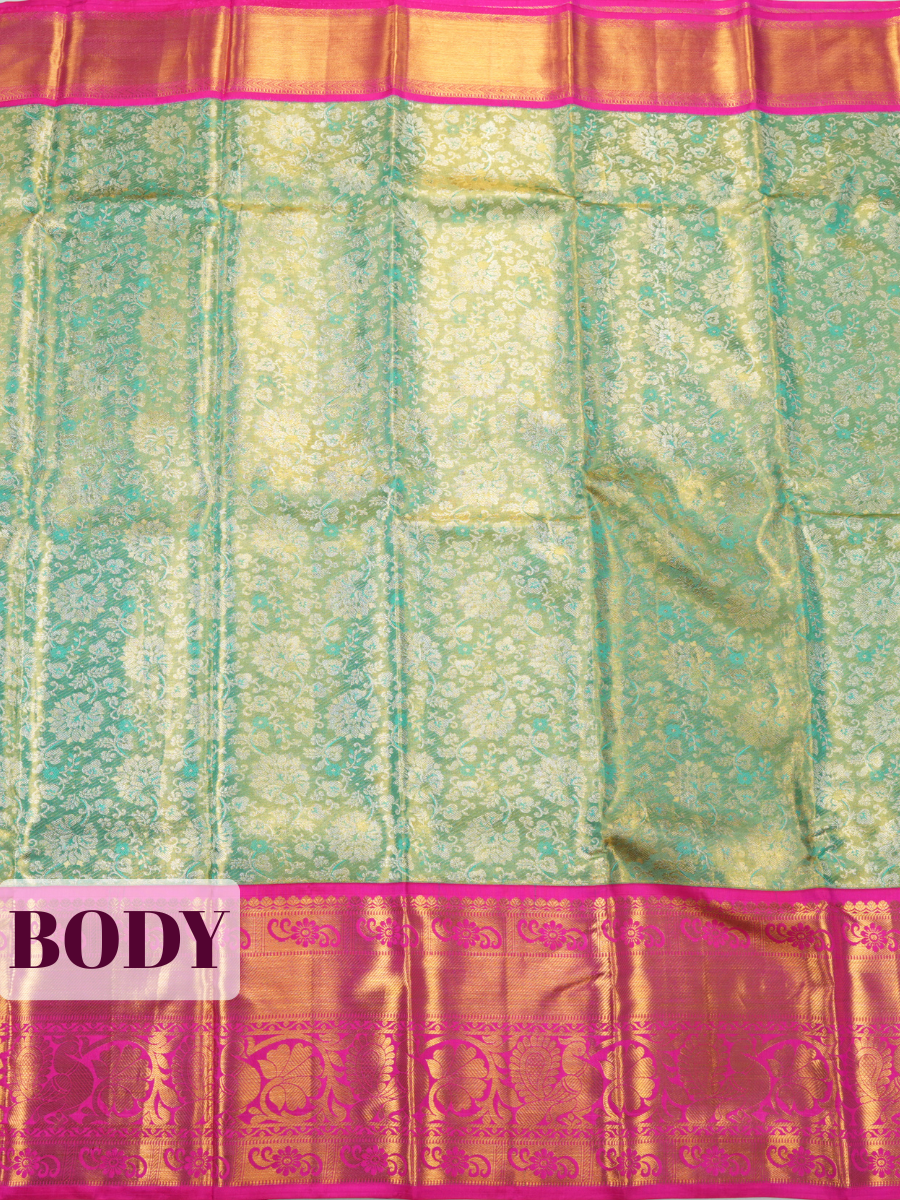 Dark Teal Pure Kanjivaram Tissue Saree with Kanchipuram Border with Peacock Paisley Jaal Panel