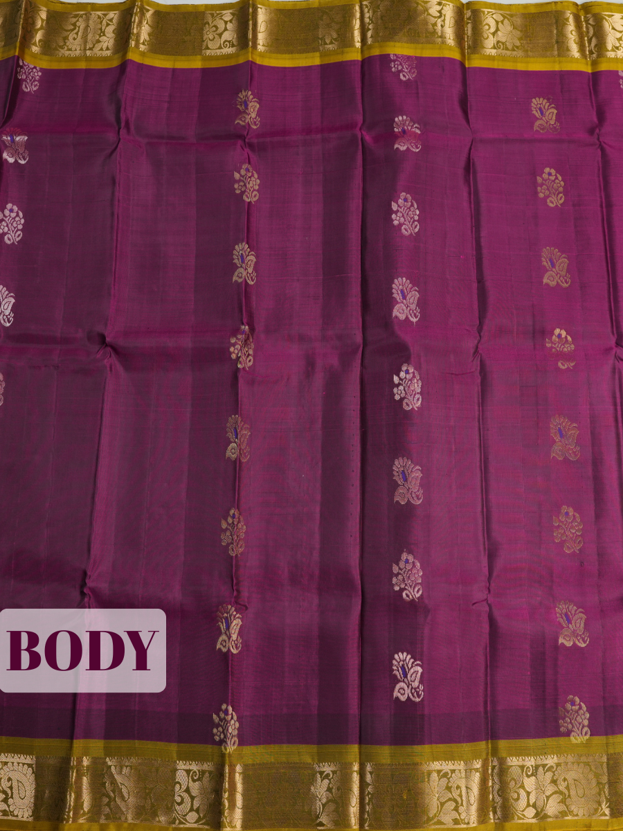 Purple Pure Kanchipuram Saree with Broad Floral Leaf Vine Zari Border