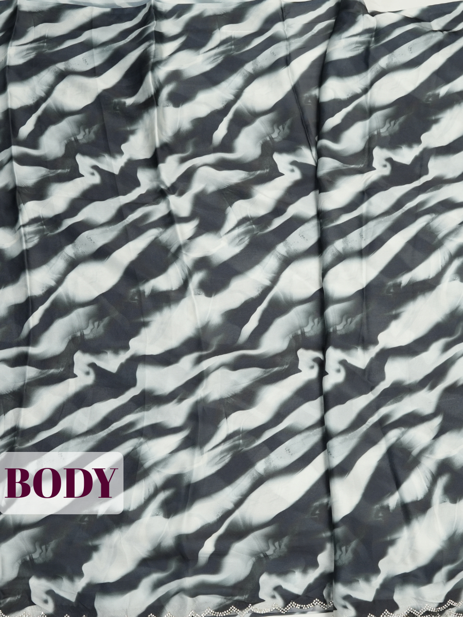 Black Satin Fancy Saree with Abstract Ripple and White Blossom Print
