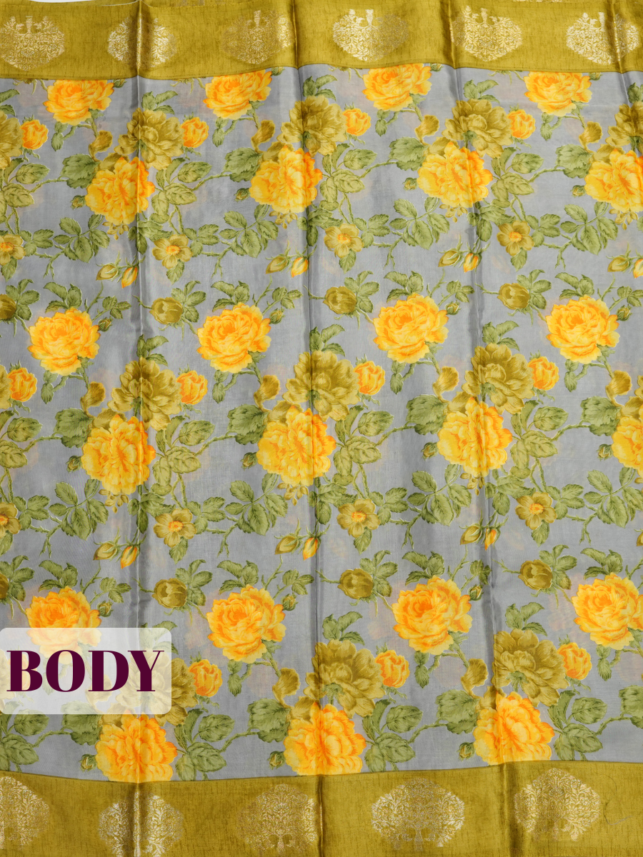 Grey Tissue Crepe Fancy Saree with Floral Print with Leaf Motifs