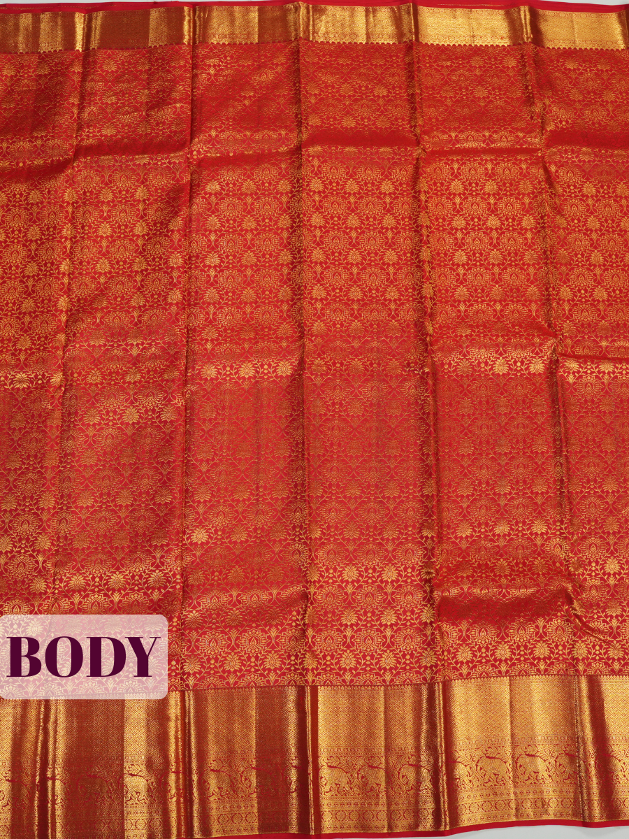 Red Kanchipuram Saree with Peacock and Floral Vine Zari Border