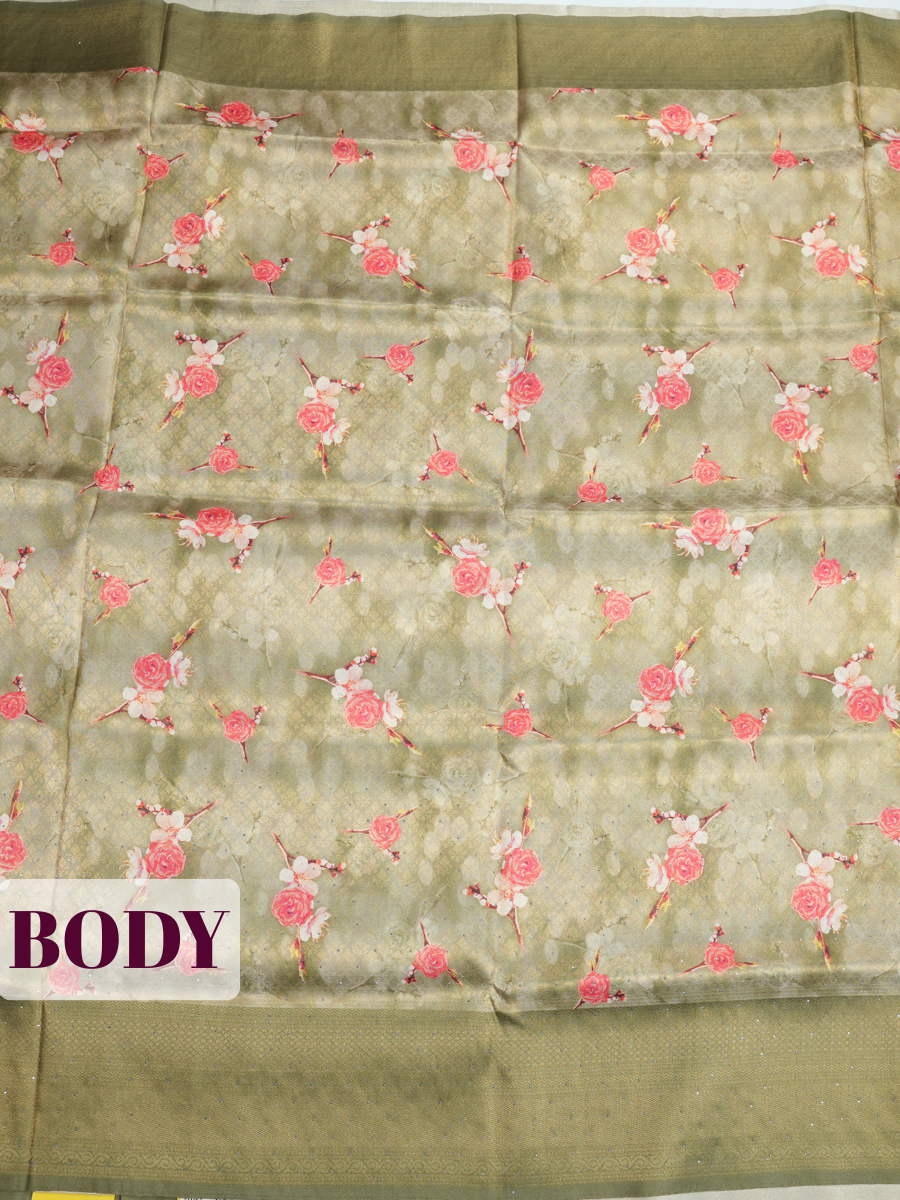 Olive Green Bangalore Sof Silk Saree with High-Shine Zari Border