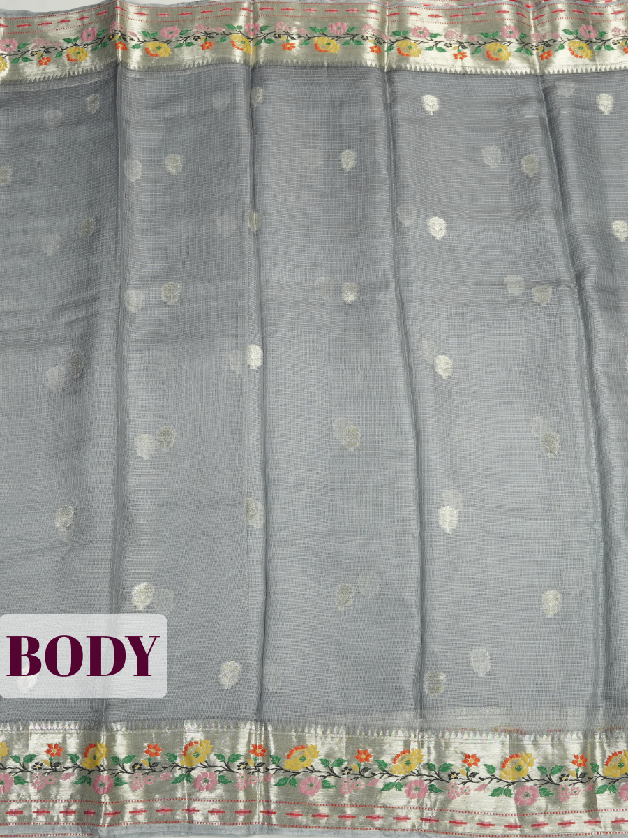 Grey Kota Zari Saree with Floral Meenakari Leaf Border