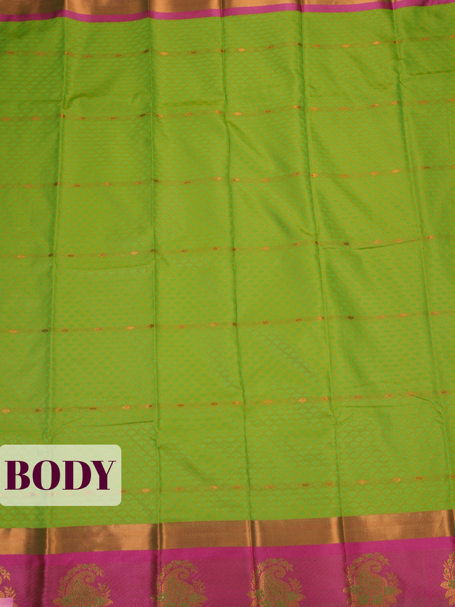 Leaf Green Bangalore Silk Saree with Rani Pink Pallu and Gold Paisley Zari