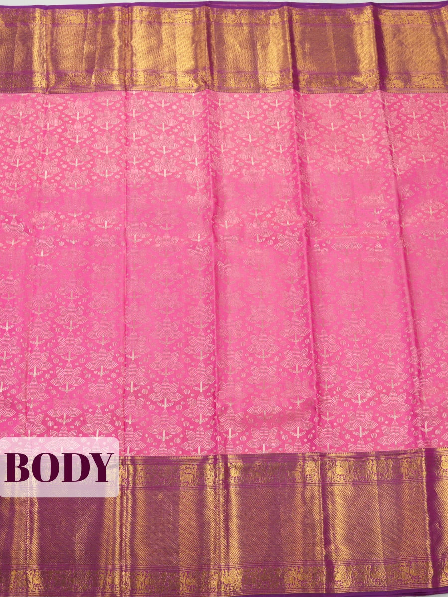 Pink Pure Kanjivaram Bridal Saree with Traditional Vanasingaram Temple Theme Border