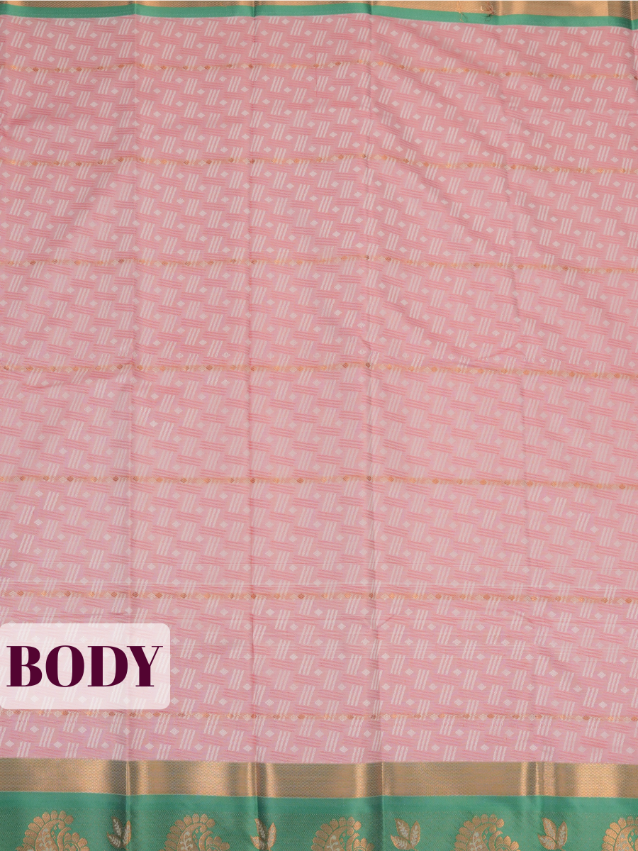 Soft Pink Silk Saree with Intricate Geometric Woven Texture and Ornate Floral Zari Detailing