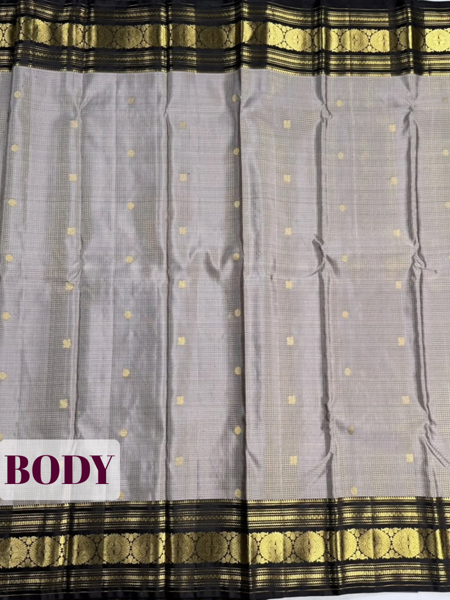 Grey Silk Saree with Black Floral Zari Border