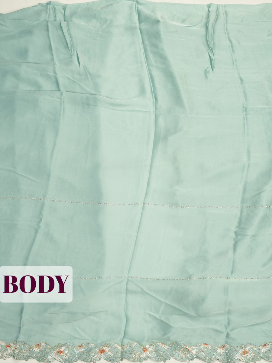 Sea Green Satin Fancy Saree with Stone-Studded Border Design