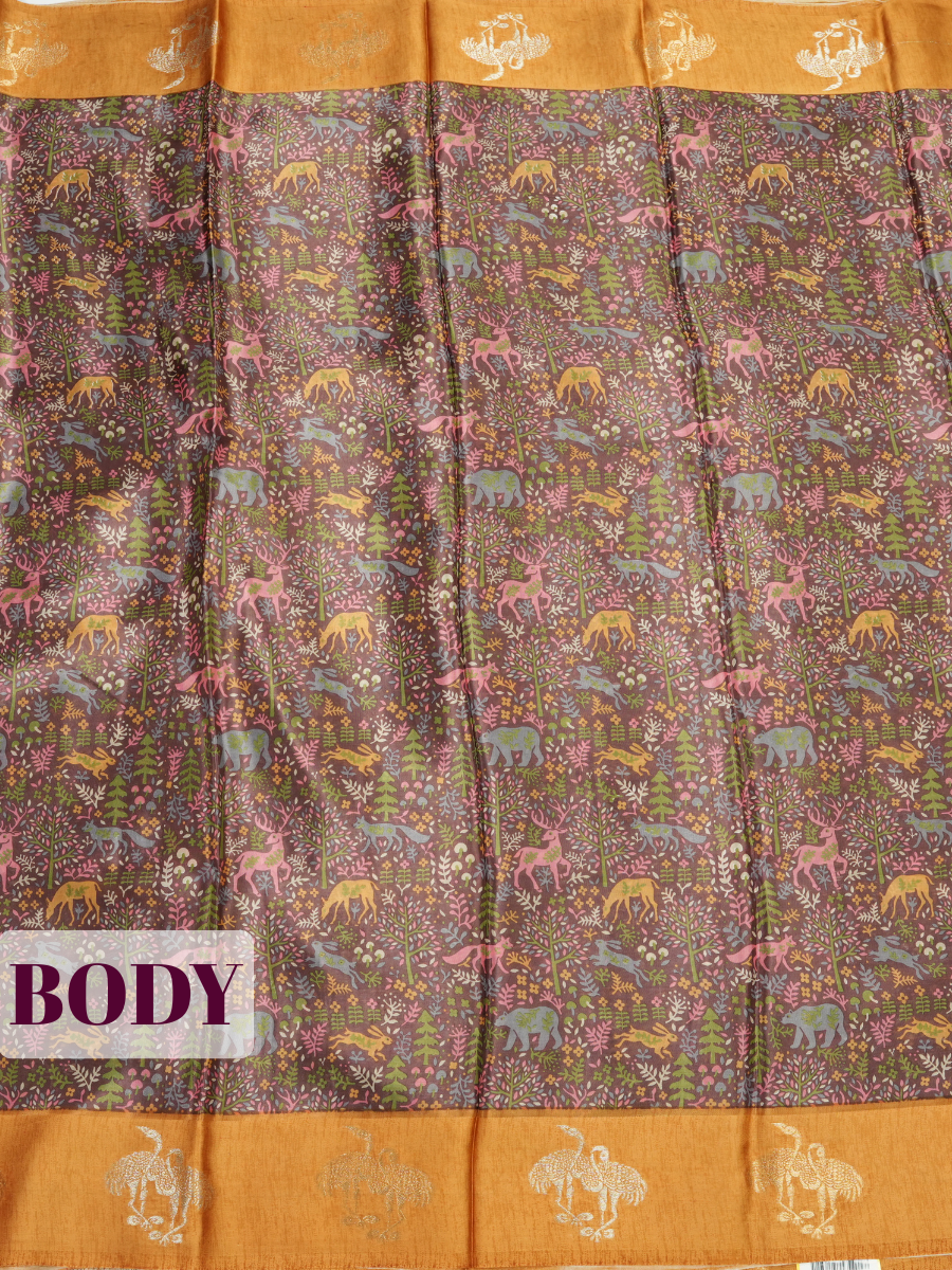 Grey Tissue Crepe Fancy Saree with Floral Print with Green Leaf Motif