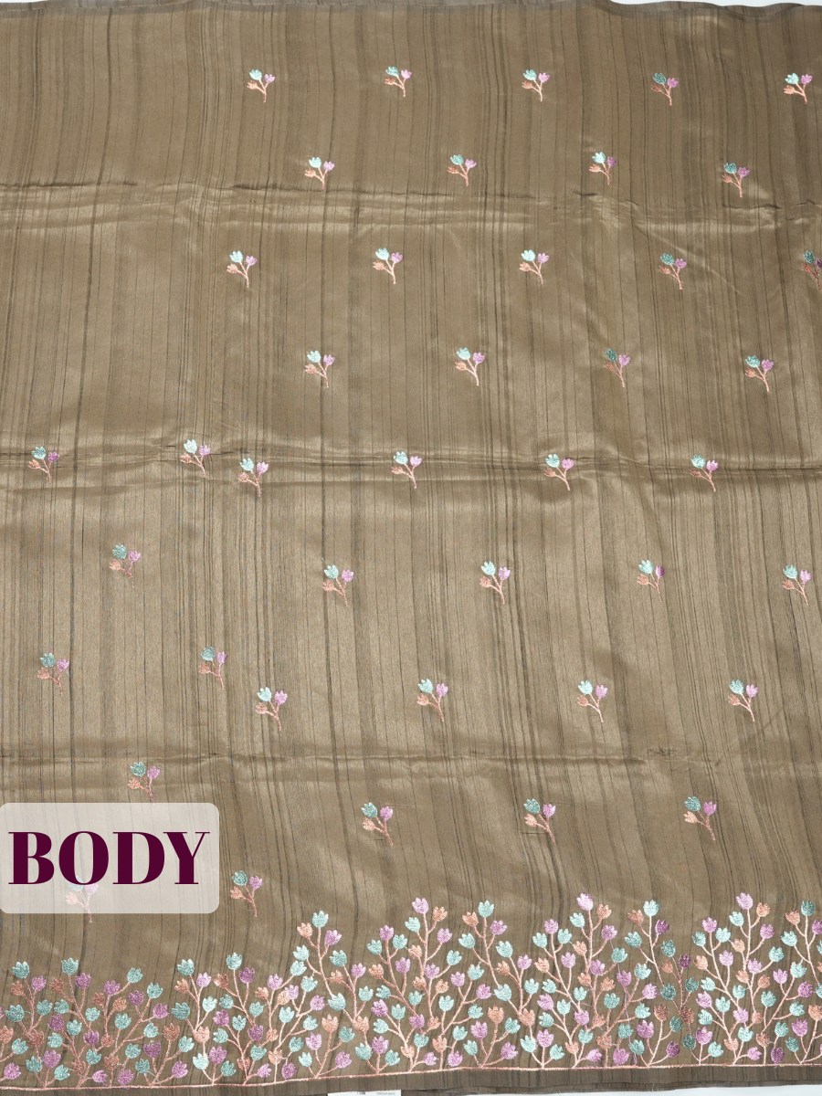 Dark Brown Semi Tussar Saree with Floral bud with dense embroidery