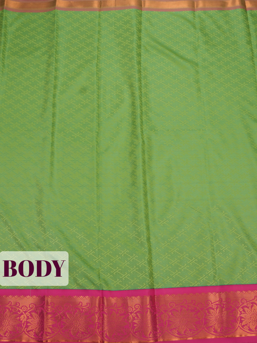Green Bangalore Silk Saree with Intricate Gold Geometric Weave and Magenta Zari Border