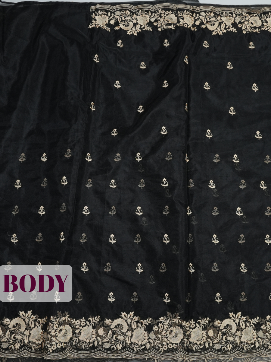 Black Organza Saree with Floral Embroidered Wavy Border