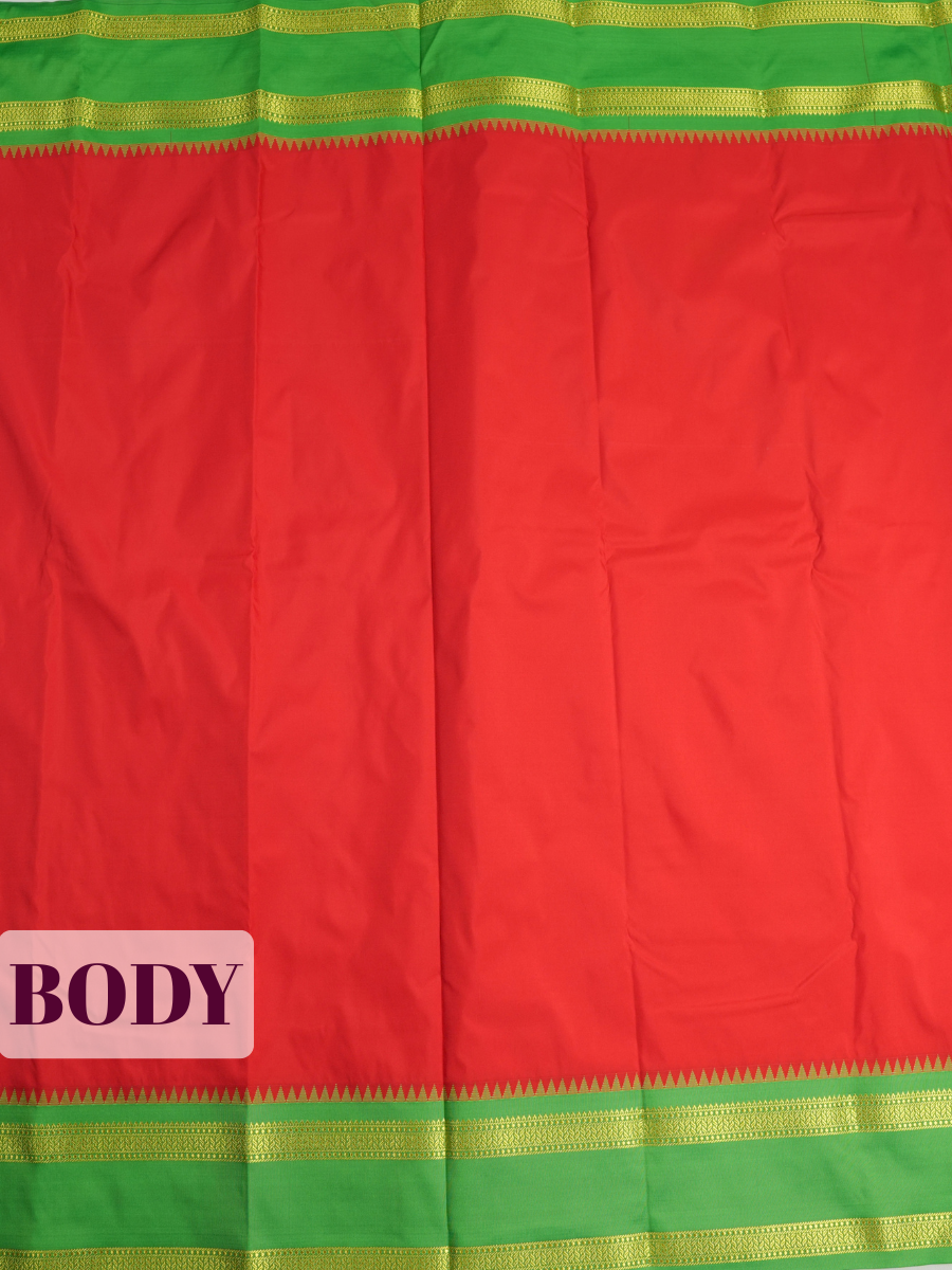 Red Semi Silk Saree with Broad Contrast Woven Border with Temple Style Triangular Motifs