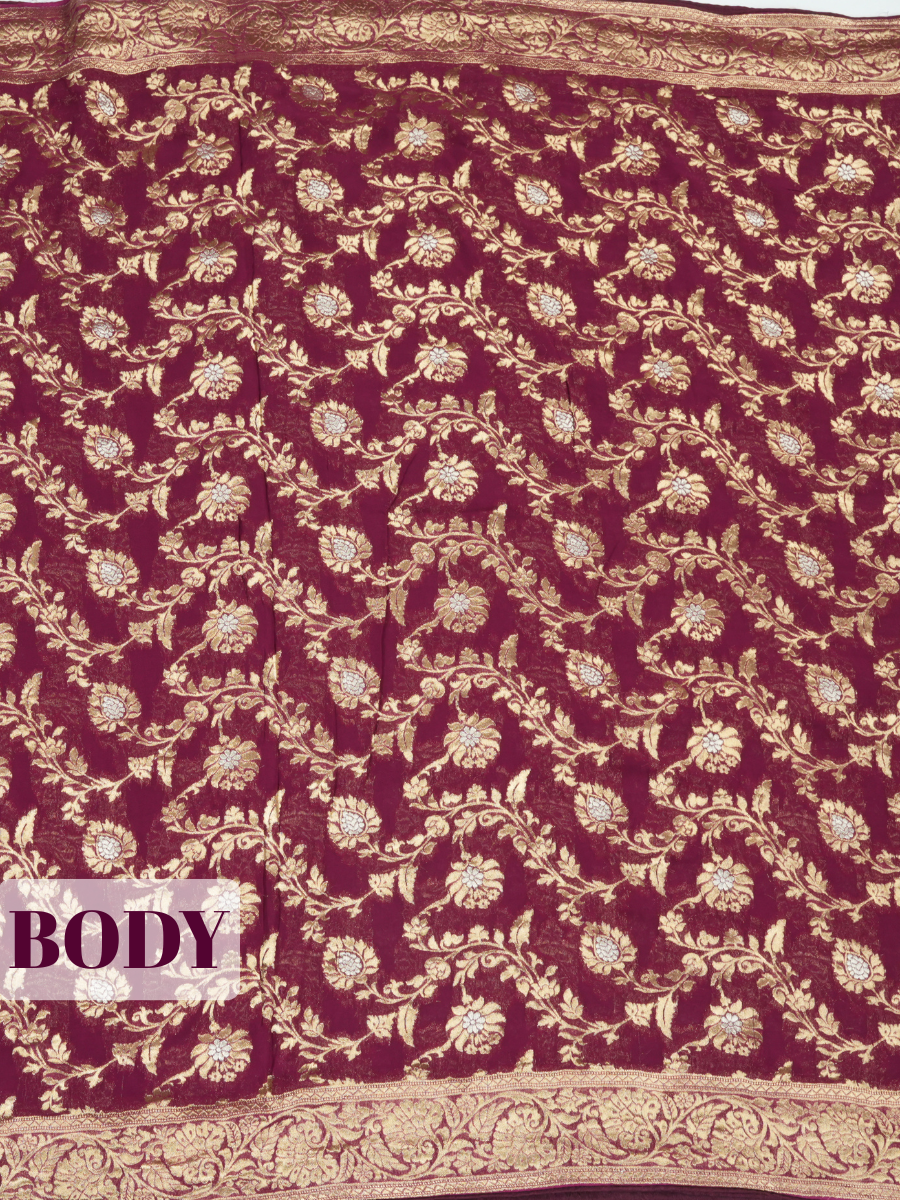 Burgundy Fancy Georgette Saree with Traditional Woven Zari Leaf Border
