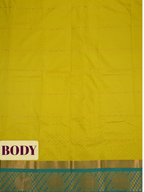 Golden Yellow Bangalore Silk Saree with Teal Green Checked Pallu and Peacock Motif Border