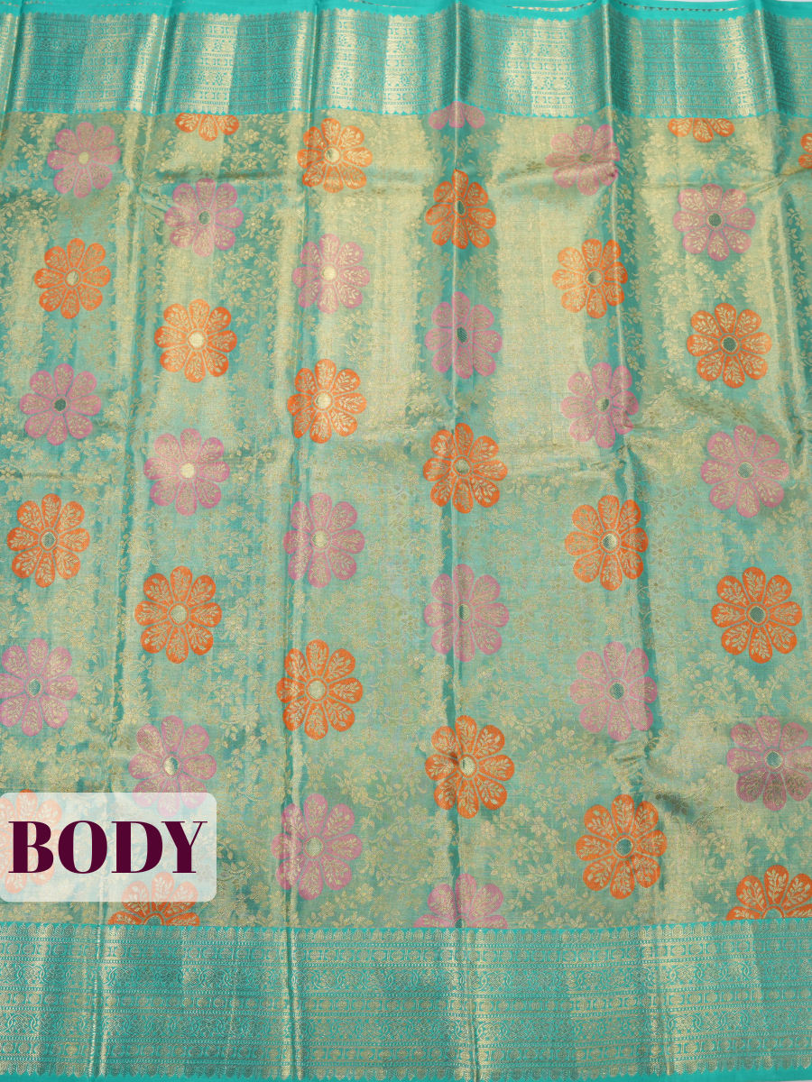Teal Blue Pure Kanjivaram Tissue Saree with Floral Motif and Circular Vine Border