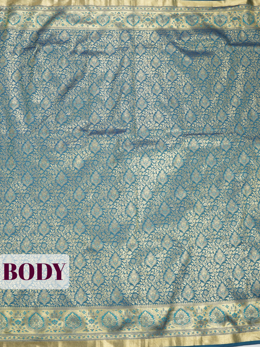 Dark Blue Semi Bridal Kanchipuram Silk Saree with Floral Vine Temple Zari Border
