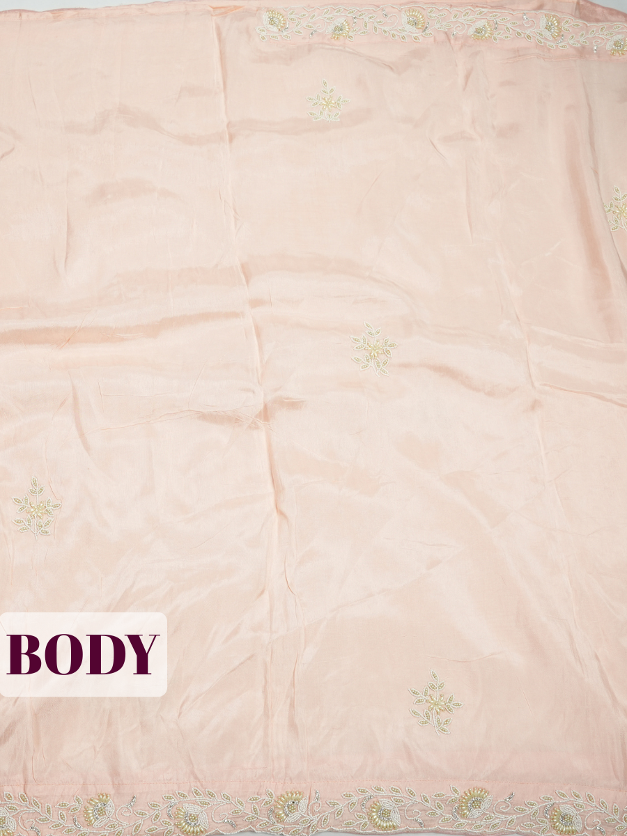 Peach Pure Silk Fancy Saree with Pearl Cut work scalloped