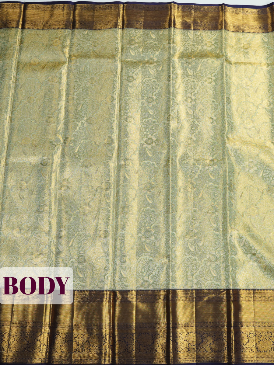 Parrot Green Kanchipuram Saree with Floral Paisley Zari Border