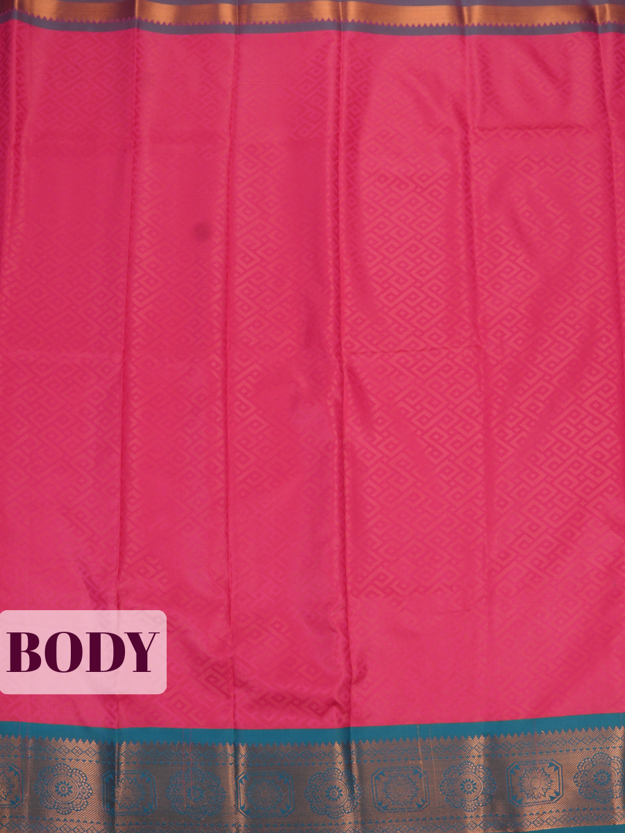 Pink Bangalore Silk Saree with Geometric Weave and Teal-Gold Zari Border