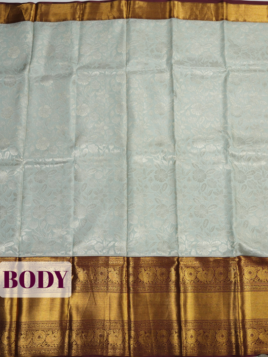 Silver Blue Kanchipuram Saree with Peacock and Floral Medallion Zari Border