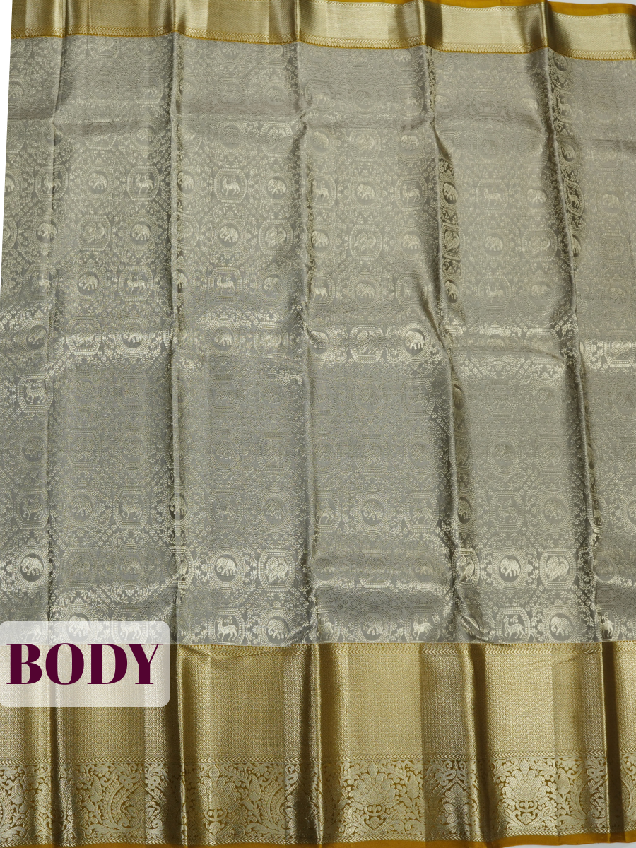 Silver Grey Kanchipuram Saree with Paisley and Diamond Zari Border