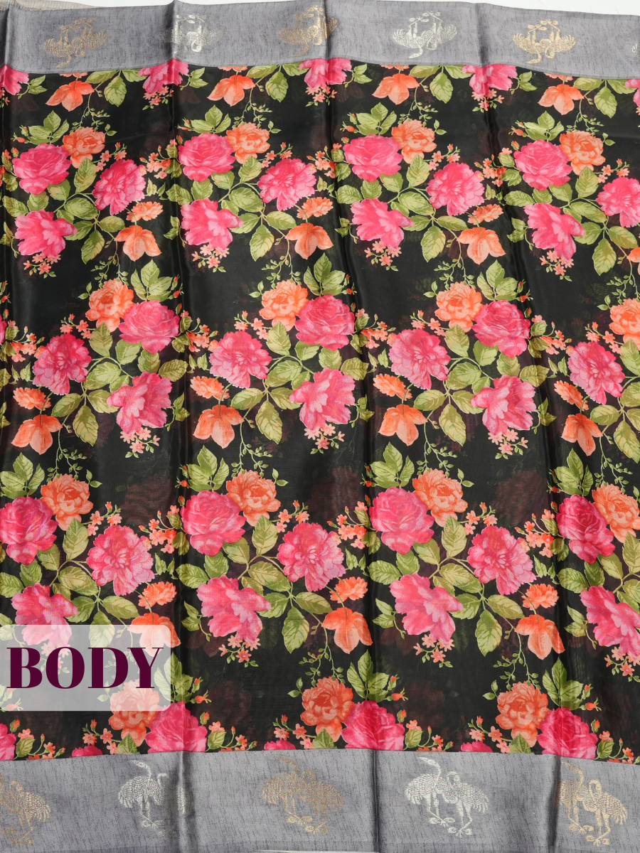 Black Tissue Crepe Fancy Saree with Jardim Floral Blossom Print