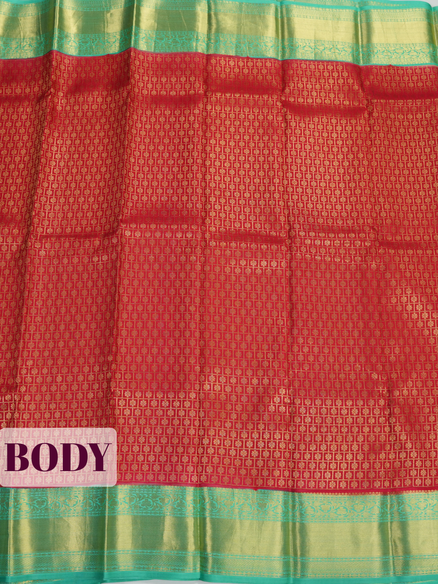 Red Kanchipuram Saree with Floral Vine and Diamond Zari Border