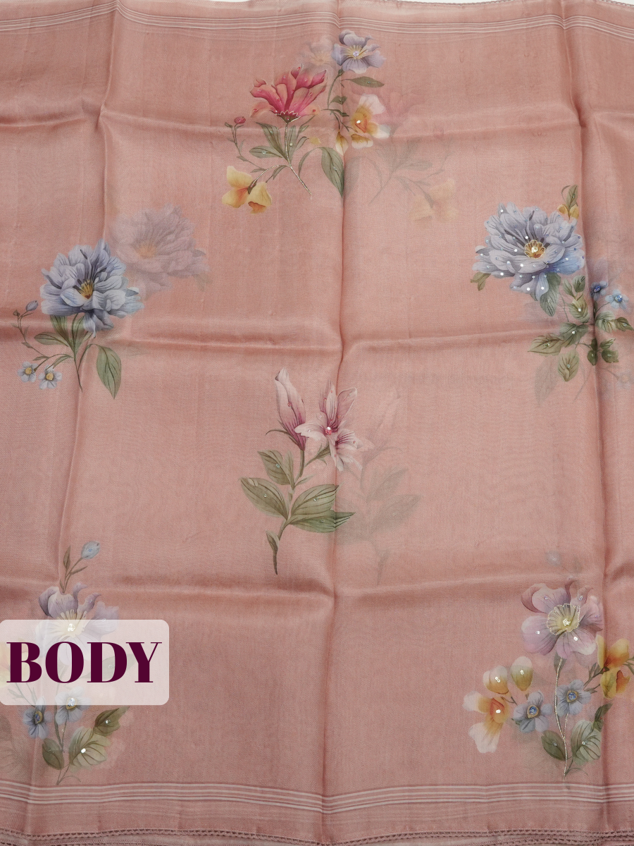 Onion Pink Organza Saree with Floral Print and Lace Trim