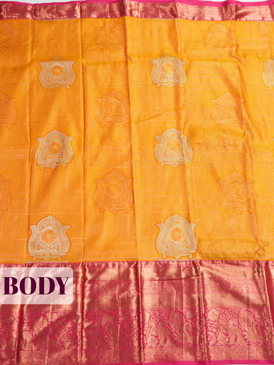 Mustard Yellow Semi Kanjivaram Brocade Silk Saree with A peacock-and-floral zari border