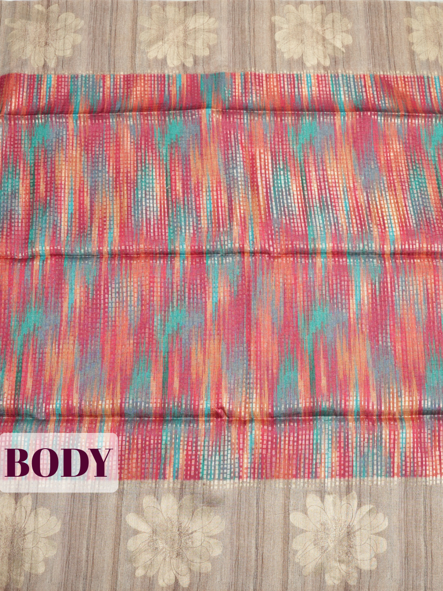 Multi color Semi Tussar Saree with Muted Taupe Floral Zari