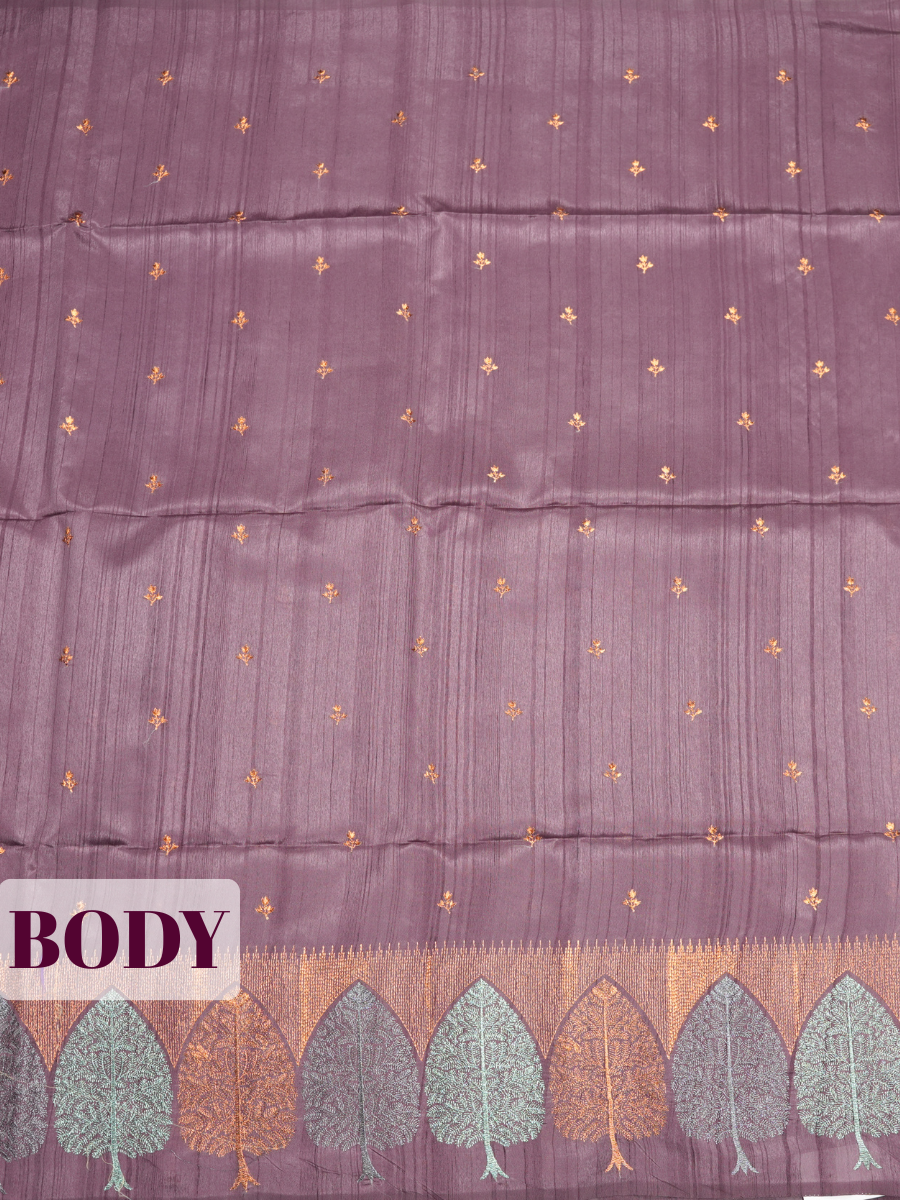 Plum Semi Tussar Saree with Embroidered Tree Motif & Temple