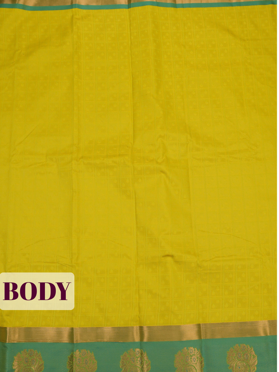 Mustard Yellow Bangalore Silk Saree with Teal Green Pallu and Gold Floral Zari