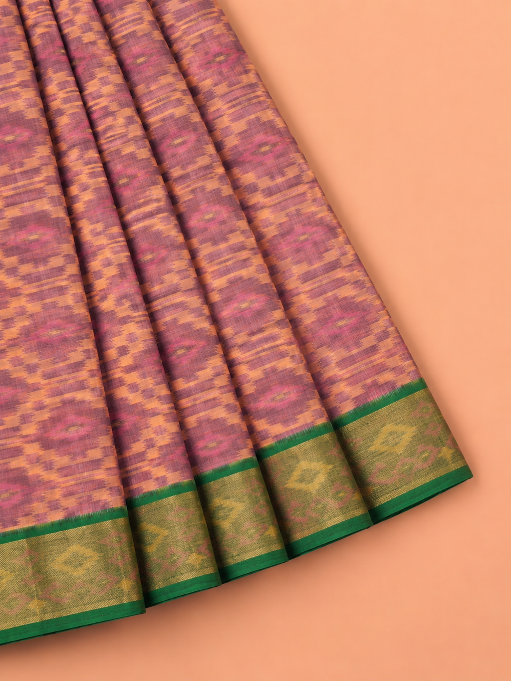 Dark Green and Orange Traditional Ikat Woven Saree