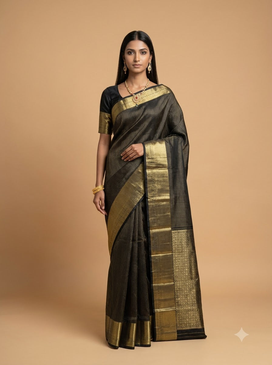 Black Gold Striped Zari Silk Saree