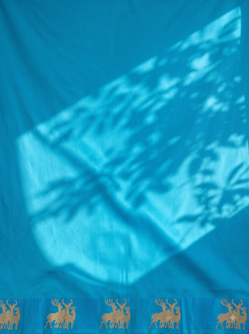 Bright Cyan Blue Gold Zari Deer Motif Chiniya Silk Saree