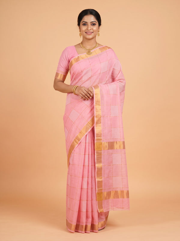 Dusty Rose Pink and Antique Gold Geometric Zari Woven venkatagiri cotton Saree