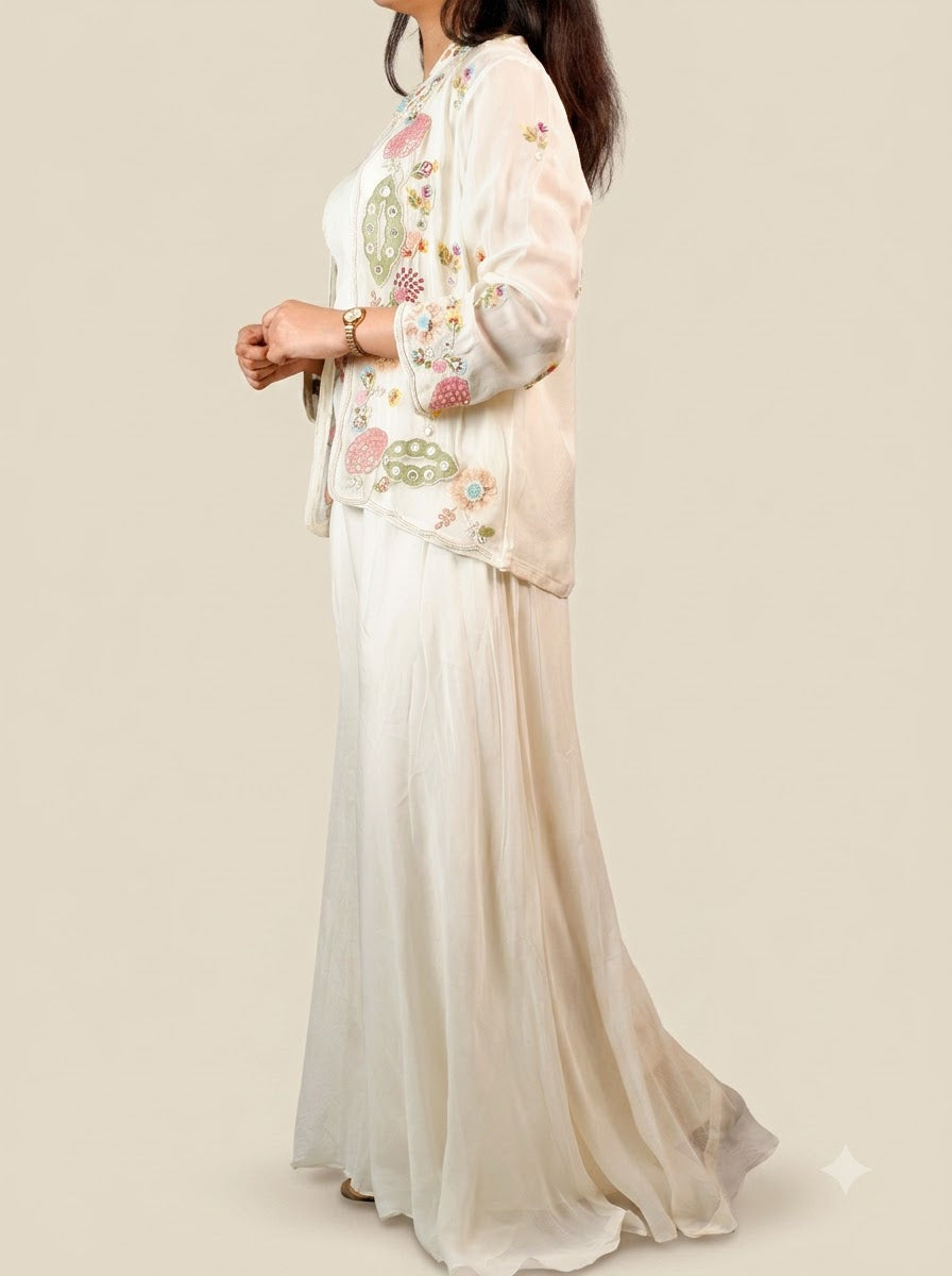 White Crop Top with Jacket and Palazzo Set
